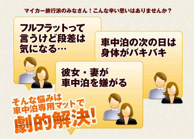 マイカー旅行派のみなさん！こんな辛い思いはありませんか？ フルフラットって言うけど段差は気になる 車中泊の次の日は体がバキバキ　そんな悩みは車中泊専用マットで劇的解決！