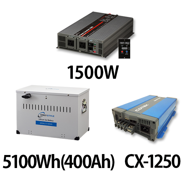 パワーインバーター 1500W + リチウムイオンバッテリー5100Wh(400Ah) + CX-1250