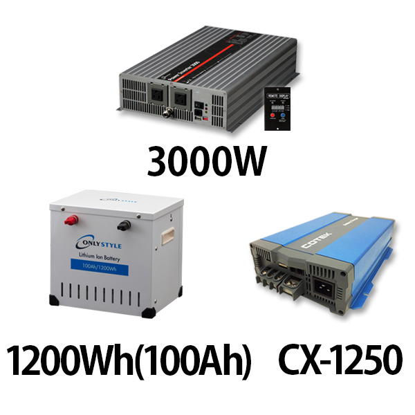 パワーインバーター 3000W + リチウムイオンバッテリー1200Wh(100Ah) + CX-1250