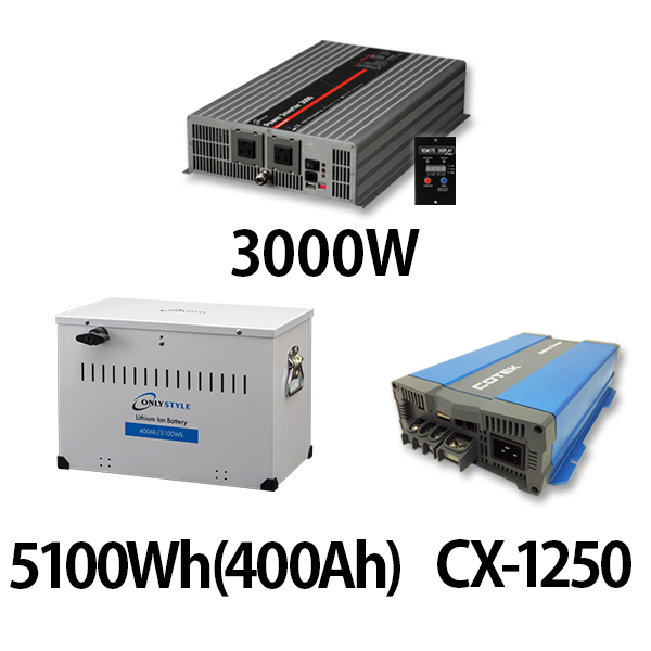 パワーインバーター 3000W + リチウムイオンバッテリー5100Wh(400Ah) + CX-1250