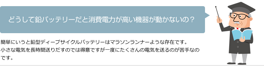 どうして鉛バッテリーだと消費電力が高い機器が動かないの？