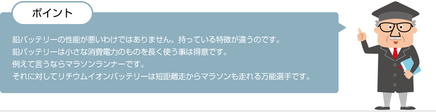 ポイント：鉛バッテリーの性能が悪いわけではありません。持っている特徴が違うのです。鉛バッテリーは小さな消費電力のものを長く使う事は得意です。例えて言うならマラソンランナーです。それに対していリチウムイオンバッテリーは短距離走からマラソンも走れる万能選手です。